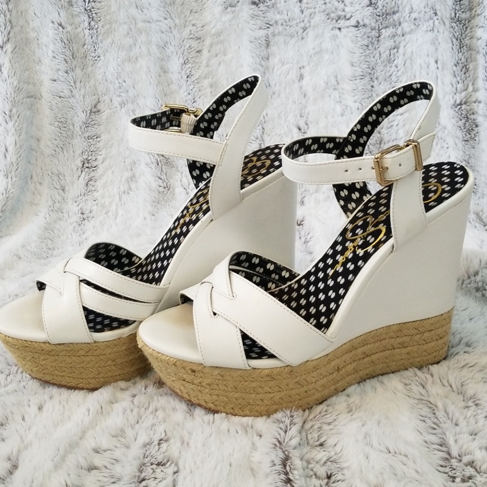 White and tan wedges size 8